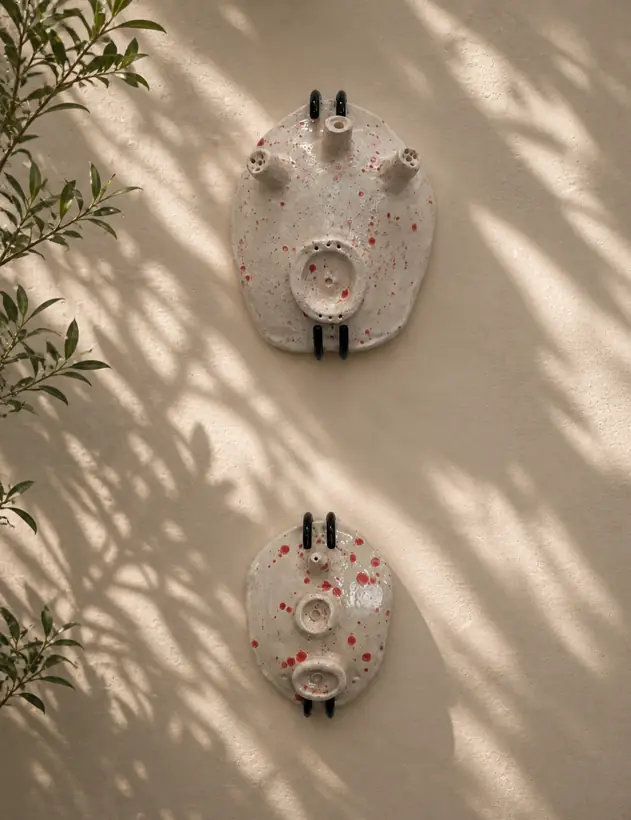 Breathing Masks I & II by Elena Danescu, glazed ceramic